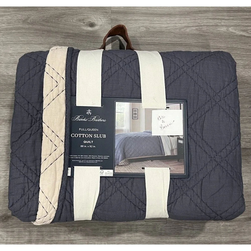 Brooks Brothers Cotton Slub Quilt FULL QUEEN Dark Blue Diamond Stitch Reversible